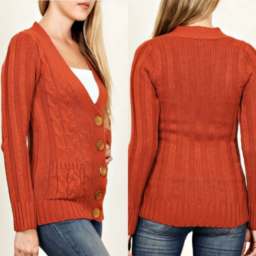 Women's Orange Cable Knit Cardigan